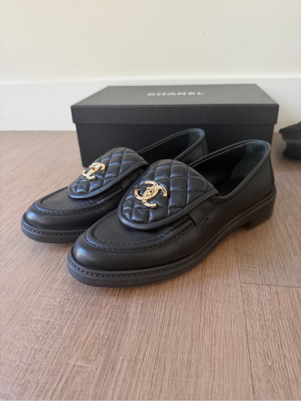 Chanel Black Quilted Leather women’s Loafers with Gold CC Logo